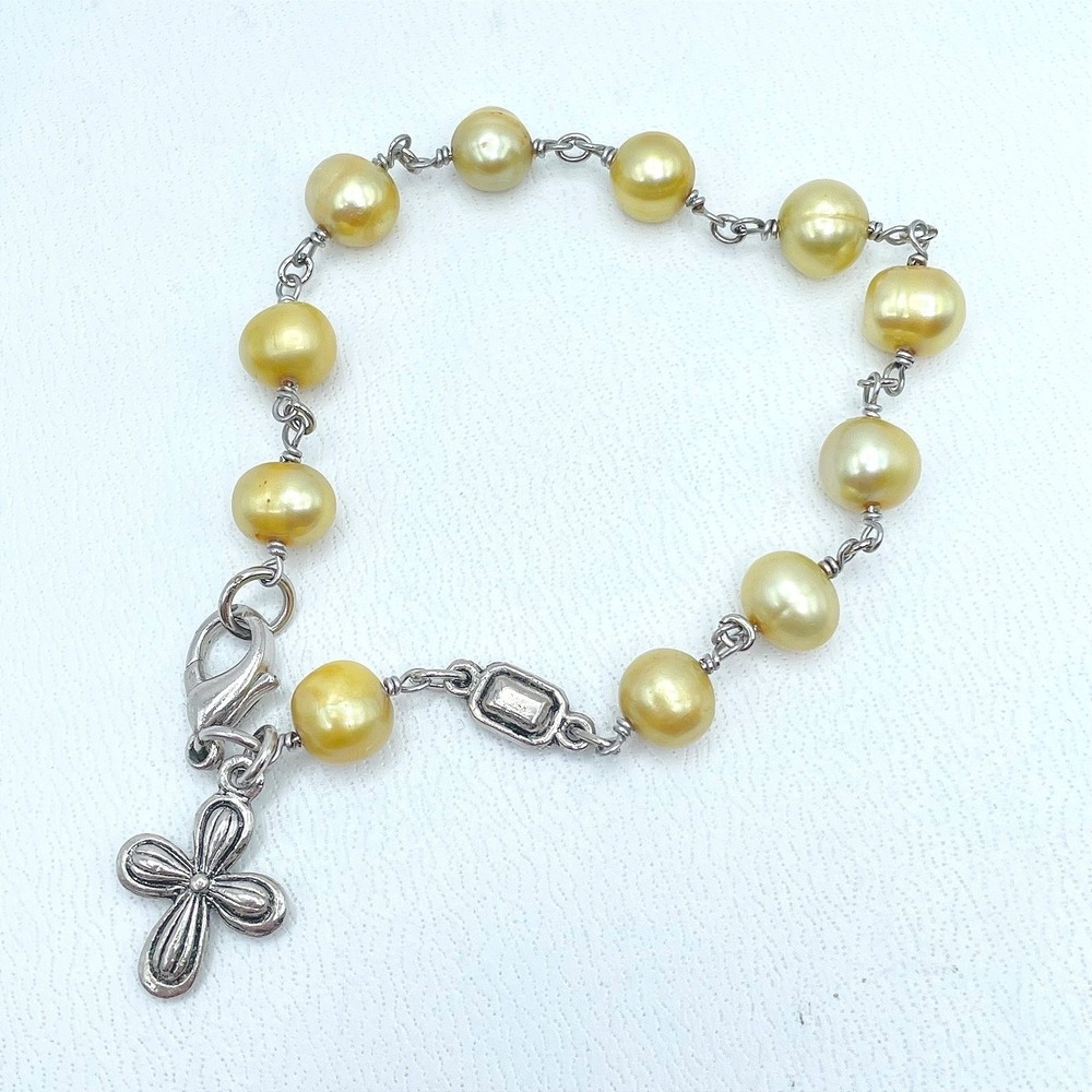 Religious Silver-Tone Gold Freshwater Pearl Rosary Cross Charm Lobster Bracelet